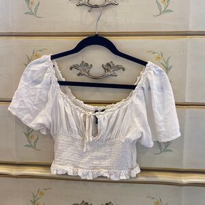 White ruffle sleeve crop top tie front